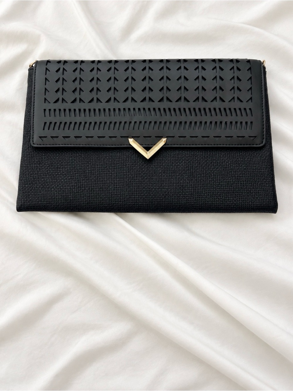 Stella & Dot Black Laser-Cut Clutch with Gold V Hardware